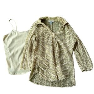 Medium‎ Dressbarn Beige Lace Sheer Button Down Top Nude Cami Lined 2-Piece Set